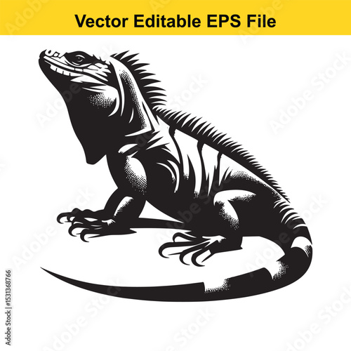 Monochrome Graphic of an Iguana with Spikes Down its Back Sitting on a Plain White Background
