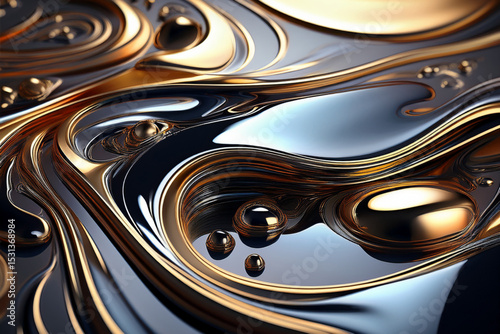 Futuristic 3D abstract background with metallic orbs and swirls