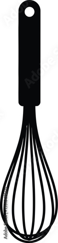 A simple black and white image showing a whisk with a dark handle and wire loops against a white background