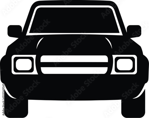 A minimalist black silhouette of a car facing forward with square headlights on a white background plain style