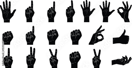 A collection of black hand silhouettes depicting various hand gestures against a white background plain style