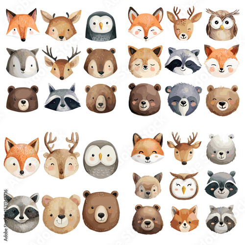 Adorable hand-painted collection of animal faces including bear, fox, deer, raccoon, and owl. Perfect for kids’ designs, stickers, and baby-themed products.

