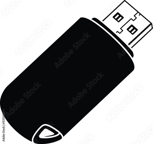 A black usb drive with a silver connector and a rounded rectangular shape on a white background design