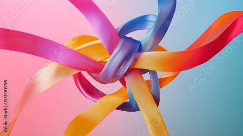 A conceptual image of colorful ribbons intertwining into a unified knot against a gradient backdrop, Embodying unity in diversity, photography style photo