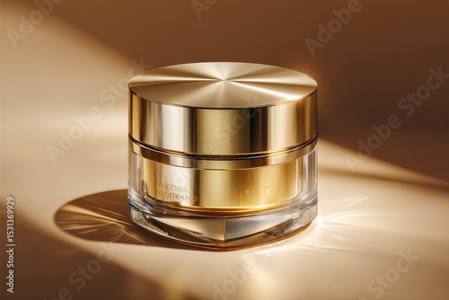 Golden cream jar on beige backdrop