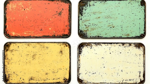 Quadruple Vintage Metal Sign Plates Distressed Textures, Pastel Colors, Blank Template, Background Vintage, Metal Signs