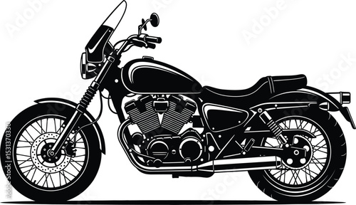 A detailed black and white illustration of a classic motorcycle with a windshield on a white background