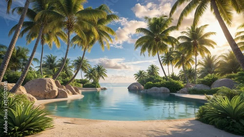 Tropical Oasis with Palms and a Sunny Sky: A Serene Landscape and Warm Water Views