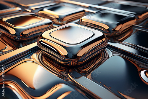 Futuristic 3D abstract background with a metallic artifact on a rippling surface