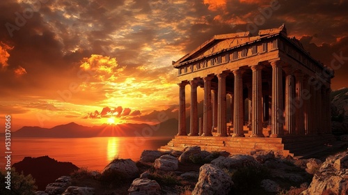 Sunset Temple Grecian Architecture at Golden Hour, Landscape Photography, Ancient Greece Ancient Temple, Sunset Photography
