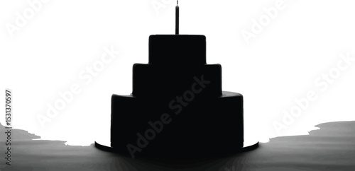 A silhouette of a tiered cake with a single candle against a stark white background in a minimalist style