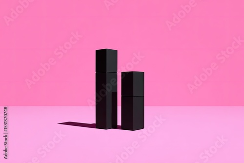 Two black, squared cosmetic containers on a pink background