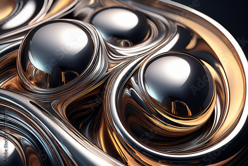 Futuristic 3D abstract background with metallic orbs and swirls
