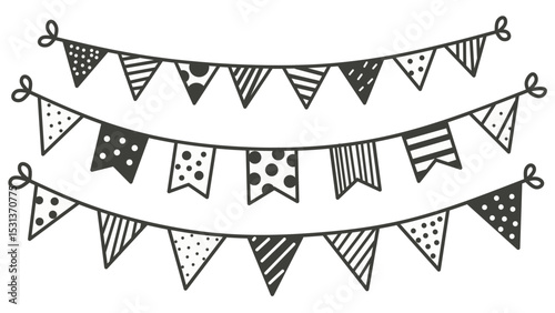 A collection of hand drawn doodle flag garlands in minimal black line art. Includes triangle, heart, and ribbon shapes. Perfect for party decor, invitations, scrapbooking, and banners.