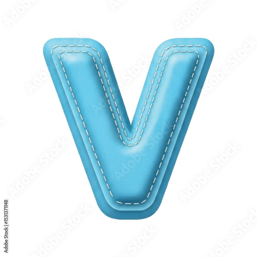 Bright letter V with stitched details on a white background for educational and decorative design