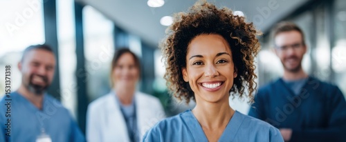The smiling healthcare professional leading a diverse medical team in a hospital setting