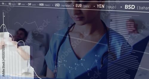 Opening with nurse reviewing chart on clipboard while monitoring animated global currency graphs