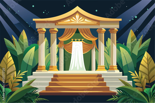 A beautifully illustrated temple stage illuminated with dramatic lighting and lush foliage