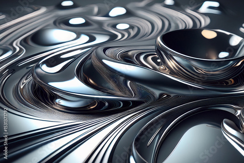 Futuristic 3D liquid metal abstract background with swirls and reflections.