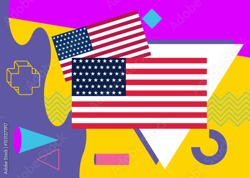 American Flag geometrical graphic retro theme background. Minimal geometric elements. Vintage abstract shapes vector illustration.