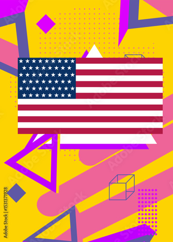 American Flag geometrical graphic retro theme background. Minimal geometric elements. Vintage abstract shapes vector illustration.