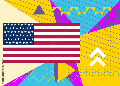 American Flag geometrical graphic retro theme background. Minimal geometric elements. Vintage abstract shapes vector illustration.