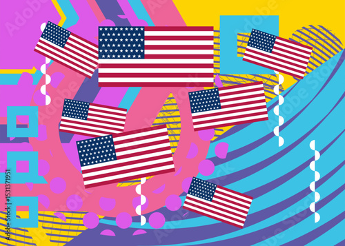 American Flag geometrical graphic retro theme background. Minimal geometric elements. Vintage abstract shapes vector illustration.