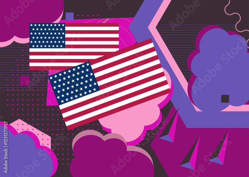 American Flag geometrical graphic retro theme background. Minimal geometric elements. Vintage abstract shapes vector illustration.