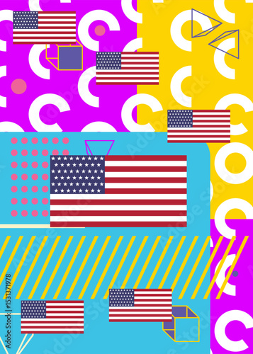 American Flag geometrical graphic retro theme background. Minimal geometric elements. Vintage abstract shapes vector illustration.