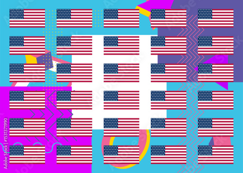 American Flag geometrical graphic retro theme background. Minimal geometric elements. Vintage abstract shapes vector illustration.