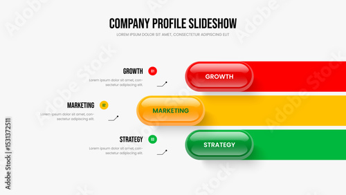 Creative Report Three Option Infographic Slide Template. Professional Performance Slideshow Design Vector Illustration. Visual Insight 3 Step Diagram Frame Layout.