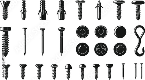 A detailed monochrome arrangement showcasing a variety of screws nails and fasteners on a white background