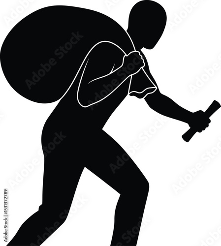 A silhouette of a person carrying a large sack and holding a stick against a white background image