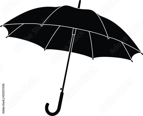 A black umbrella with a curved handle and a pointed top isolated on a white background in a simple design