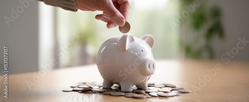 The piggy bank receiving coins for future savings and financial goals.