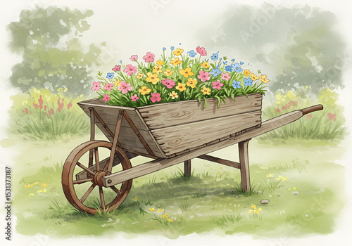 Vintage wheelbarrow used in home garden with colorful flowers