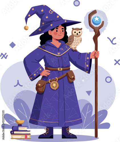 Female wizard with owl and magical staff in purple costume vector illustration 