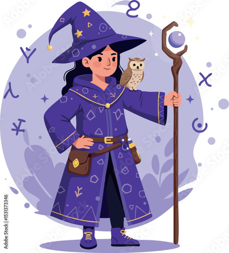 Wizard character in purple robe with magical staff and owl fantasy illustration vector 