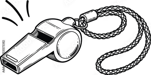 A monochrome illustration of a whistle with a lanyard and sound waves emanating from the whistle opening