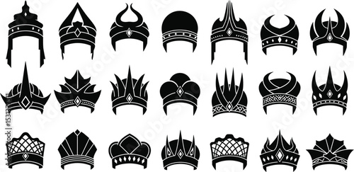 A collection of intricately designed black crowns and headpieces displayed against a white background space