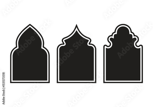 Islamic vector shape of window or door arch. Muslim mosque silhouette. Arab frame set. Ramadan Kareem silhouette icon. Elegant Islamic frame shape. Vector design Set