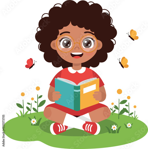 Child reading book outdoors surrounded by butterflies and flowers in green grass vector illustration 