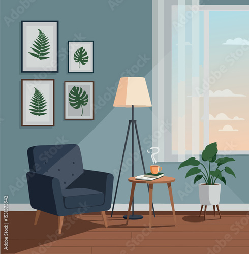 Cozy living room with dark armchair green plant and framed leaf illustrations vector 
