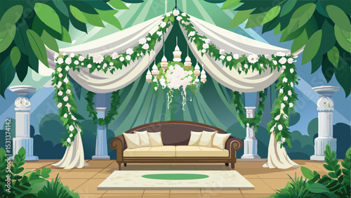 Beautiful wedding venue with lush greenery and elegant sofa for a special celebration
