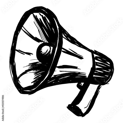 Hand-drawn megaphone illustration in black and white style  