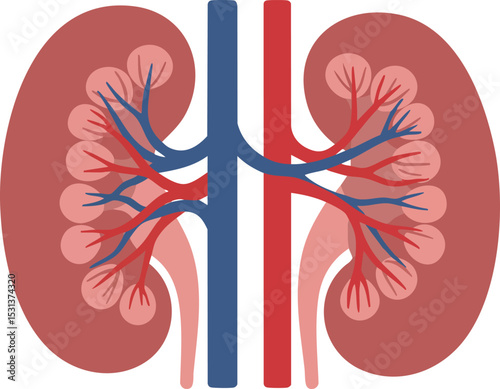 Human kidneys anatomy with renal arteries and veins vector illustration detailed medical diagram 