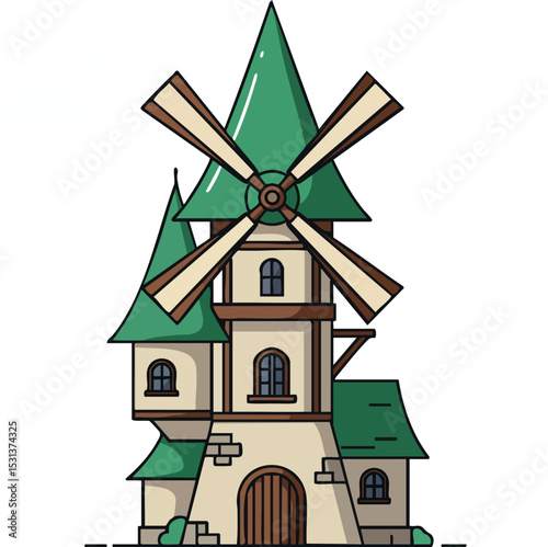 Windmill with green roofs and beige walls vector illustration in landscape orientation 