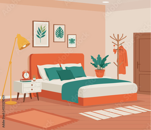 Modern bedroom interior with orange and green accents and cozy decorative elements 