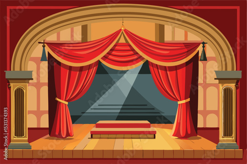 Beautifully designed vector illustration of a classic theatre stage with red curtains and spotlights