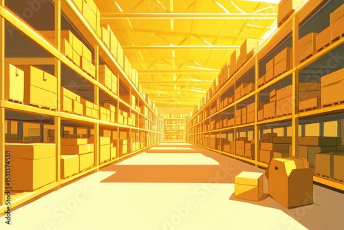 Sunlight-filled warehouse interior,  shelves full of cardboard boxes